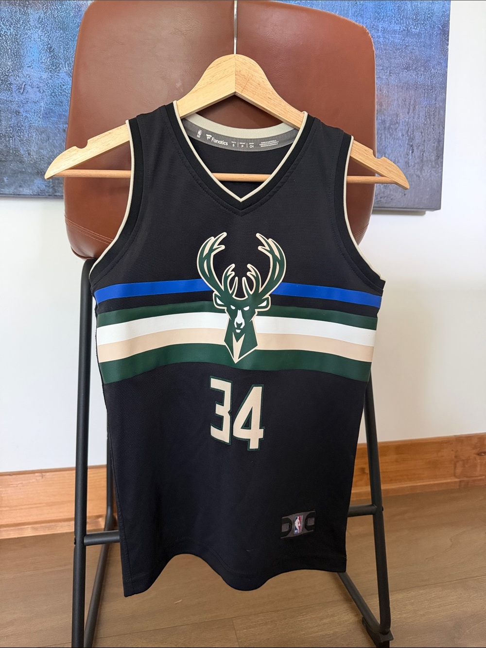 Fanatics Milwaukee Bucks Black Giannis #34 Jersey with Green and Blue Stripes